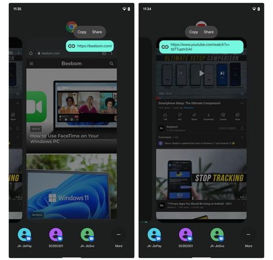 Android 12 Share Links from Recent Apps Switcher